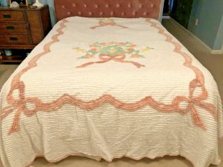 Vintage Chenille Bedspread Flowers & Bows Pink Mauve Yellow Green 97x 107 Cotton