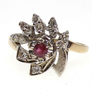 Vtg Antique 14k Yellow Gold Ring Natural Ruby 0.  30ctw Diamond Size 9 Lff2