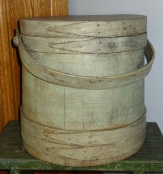 11 7/8 " Antique Painted Firkin - Green Paint - Aafa - Wooden Sugar Bucket - Pantry Box