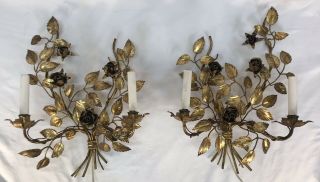 Pair Vintage Italian Gilt Gold Roses 2 Light Tole Metal Wall Sconces