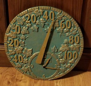 Vintage Springfield 14 " Cast Metal Ivy Leaf Outdoor Wall Thermometer Clock Green