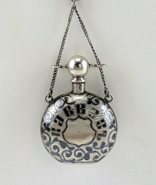 C1896 Hand Engraved 875 Silver & Niello Russian Perfume Scent Bottle Necklace