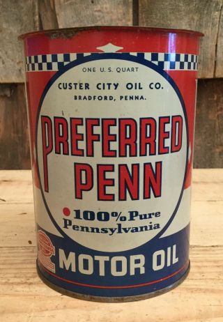 Vintage Preferred Penn Pennsylvania Motor Oil 1qt Can Auto Gas Service Station