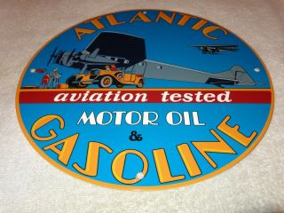 Vintage Atlantic Aviation Gasoline W/ Airplane 11 3/4 " Porcelain Metal Oil Sign
