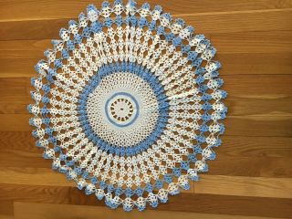 Vintage Hand Crocheted Large Round Doily,  White And Blue,  Scalloped Edges 24 "
