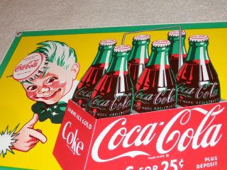 Vintage Coca Cola Sprite Boy W/ 6 Pack Bottles 11 " Porcelain Metal Soda Pop Sign