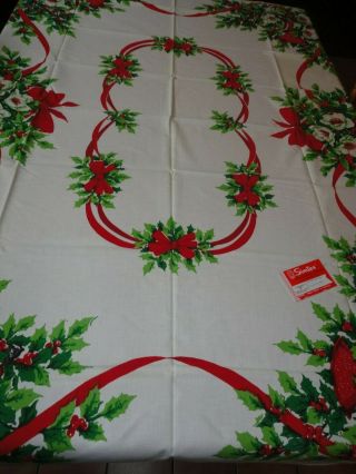 Vintage Christmas Tablecloth Holly Print 100 Cotton 52 " X 69 "