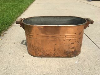 Antique Copper Boiler Wash Tub Bin - Wooden Handles .  N1