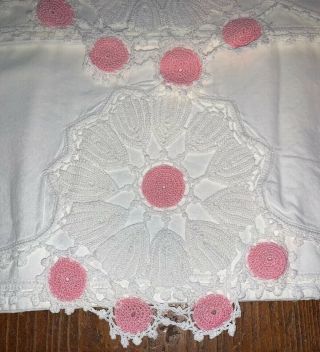 Vintage White Cotton Pillowcases With Pink & White Variegated Crochet