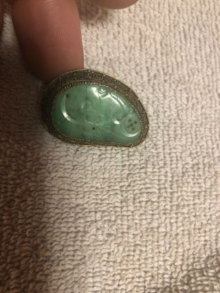 Vintage Chinese Sterling Silver Filigree Carved Jadeite Jade Brooch Pin