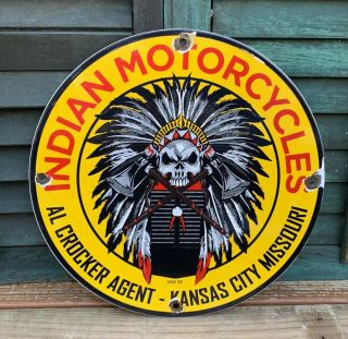 Vintage 1932 Indian Motorcycle Oil Porcelain Sign Al Crocker Kansas City Mo