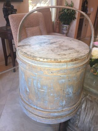 Early Antique Old Blue Painted Firkin Lidded Wooden Bucket