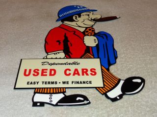 Vintage " Dependable Cars Salesman W/ Cigar " 12 " Metal Gasoline & Oil Sign