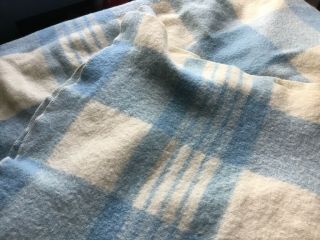 Vintage Wool Twin Blanket 100 Wool Blue Checked Satin Edging