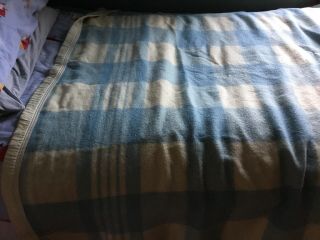 VINTAGE Wool Twin Blanket 100 Wool Blue Checked Satin Edging 2