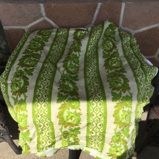 Vintage Floral Fabric Bright Green Tan Floral Scroll Geometric Tablecloth 70 