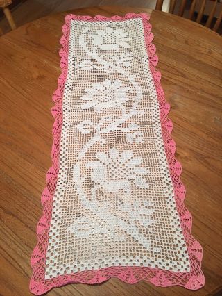 Vintage Handmade Crocheted Lace Table Runner 42” X 16” White & Pink Floral