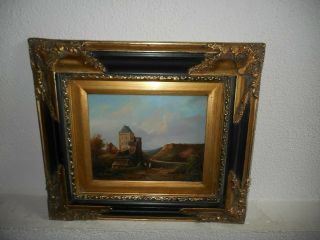 Old Oil Painting,  { Landscape With People And A Castle,  Great Frame }.