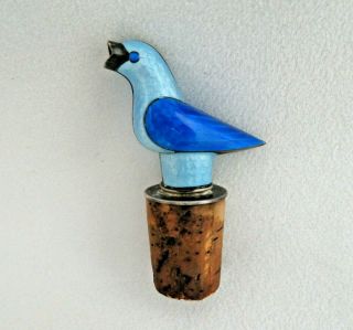 Vintage Sterling Silver & Guilloche Enamel Blue Bird Wine Bottle Cork Stopper
