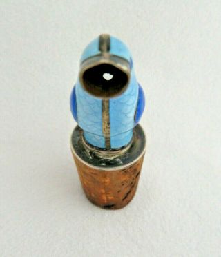Vintage Sterling Silver & Guilloche Enamel Blue Bird Wine Bottle Cork Stopper 2