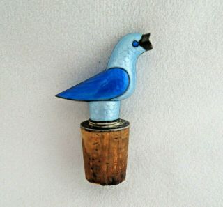 Vintage Sterling Silver & Guilloche Enamel Blue Bird Wine Bottle Cork Stopper 3