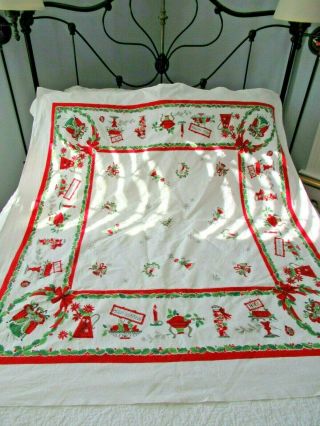 Vintage Christmas Tablecloth Cotton Carolers Holly
