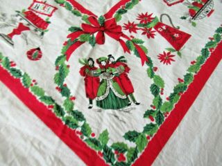 Vintage Christmas Tablecloth Cotton Carolers Holly 2