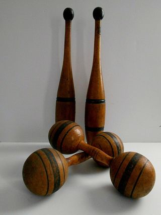Set Of Antique Wooden Indian Juggling Pins Clubs And Barbells Exercise Decor