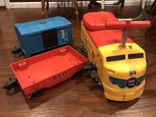 Vintage Remco Mighty Casey Ride On Train with Boxcar and Flatcar - 1970’s 2