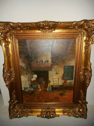 Large Old Oil Painting,  { Mother & Child Near The Fire,  Is Signed,  Frame }.