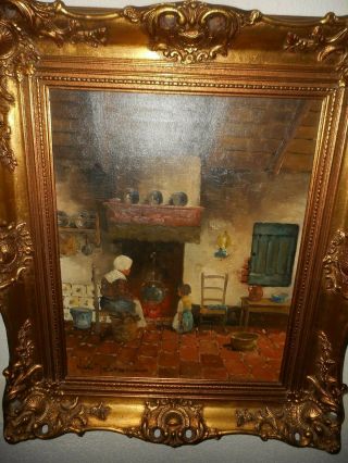 Large old oil painting,  { Mother & child near the fire,  is signed,  frame }. 3