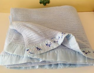 Vtg Blue Acrylic Thermal Blanket Twin Size Floral Embroidered Binding 74 " X 86 "