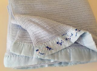 Vtg Blue Acrylic Thermal Blanket Twin Size Floral Embroidered Binding 74 