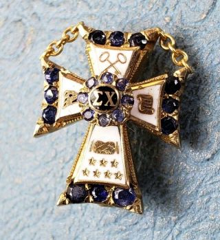 Sigma Chi Cross Badge 10k Yellow Gold Blue Sapphires Vintage Fraternity Pin.
