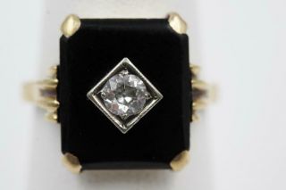 Art Deco 10k Solid Yellow Gold.  25ct European Cut Diamond Black Onyx Ring