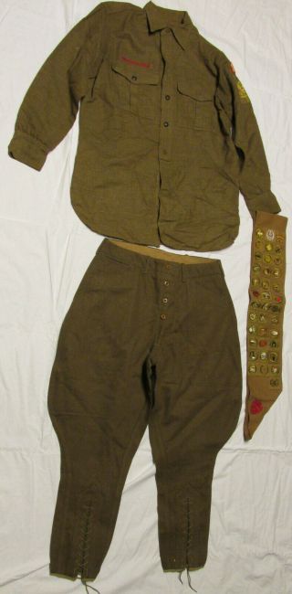 Vintage 1928 Boy Scout Uniform Shirt Pants & Merit Badge Sash