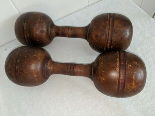 Pair Antique Exercise Wooden Dumbbells Hand Weights Marked 