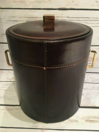 Vtg Mid Century Modern Georges Briard Ice Bucket Red Stitched Leather Brass Wine
