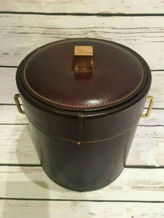 Vtg Mid Century Modern Georges Briard Ice Bucket Red Stitched Leather Brass Wine 2