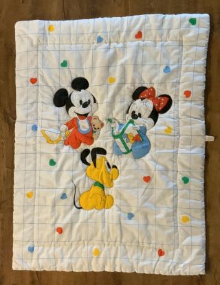 Vtg Dundee Disney Baby Mickey Mouse Minnie Pluto Crib Blanket Comforter Hearts