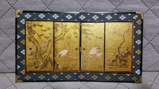 Small Two Panels Folding Table Screen With Cranes And Pines Scene