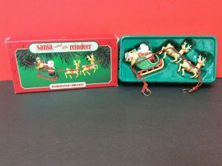 Early 1986 Hallmark Santa And His Reindeer Keepsake Ornament Double Hook Vtg