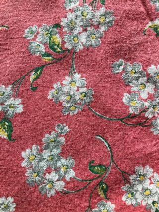 Vintage Full Feed Sack Sprigs Of White Dogwood Green Leaves On Bright Pink