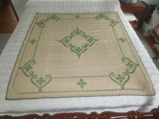Vtg.  Green & Black Floral & Heart Design Cross Stitch Tablecloth - 44.  5 " X 47.  5 "