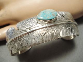 Detailed Feather Matser Vintage Navajo Sterling Silver Turquoise Bracelet