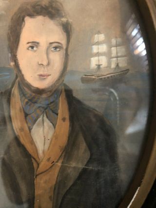 Early Primitive Portrait Old Frame Sweet Painting Sea Captain Ship