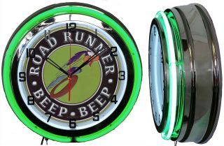 Plymonth Road Runner Beep Beep 19 " Double Neon Clock Green Neon Chrome Finish
