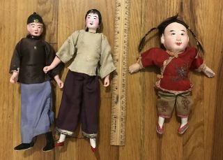 3 Vintage Chinese Asian Dolls Male Female Made In China Cloth