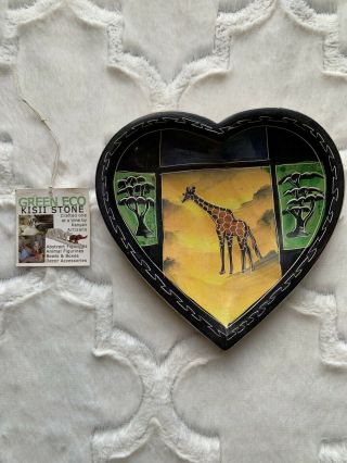 Kisii Kenya Africa Heart Hand Carved Paint Stone Art Wildlife Plate Soapstone