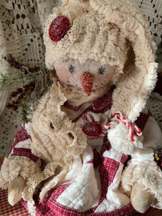 Primitive Snowman Doll Handmade Vintage Chenille Berries Old Red Plaid Quilt